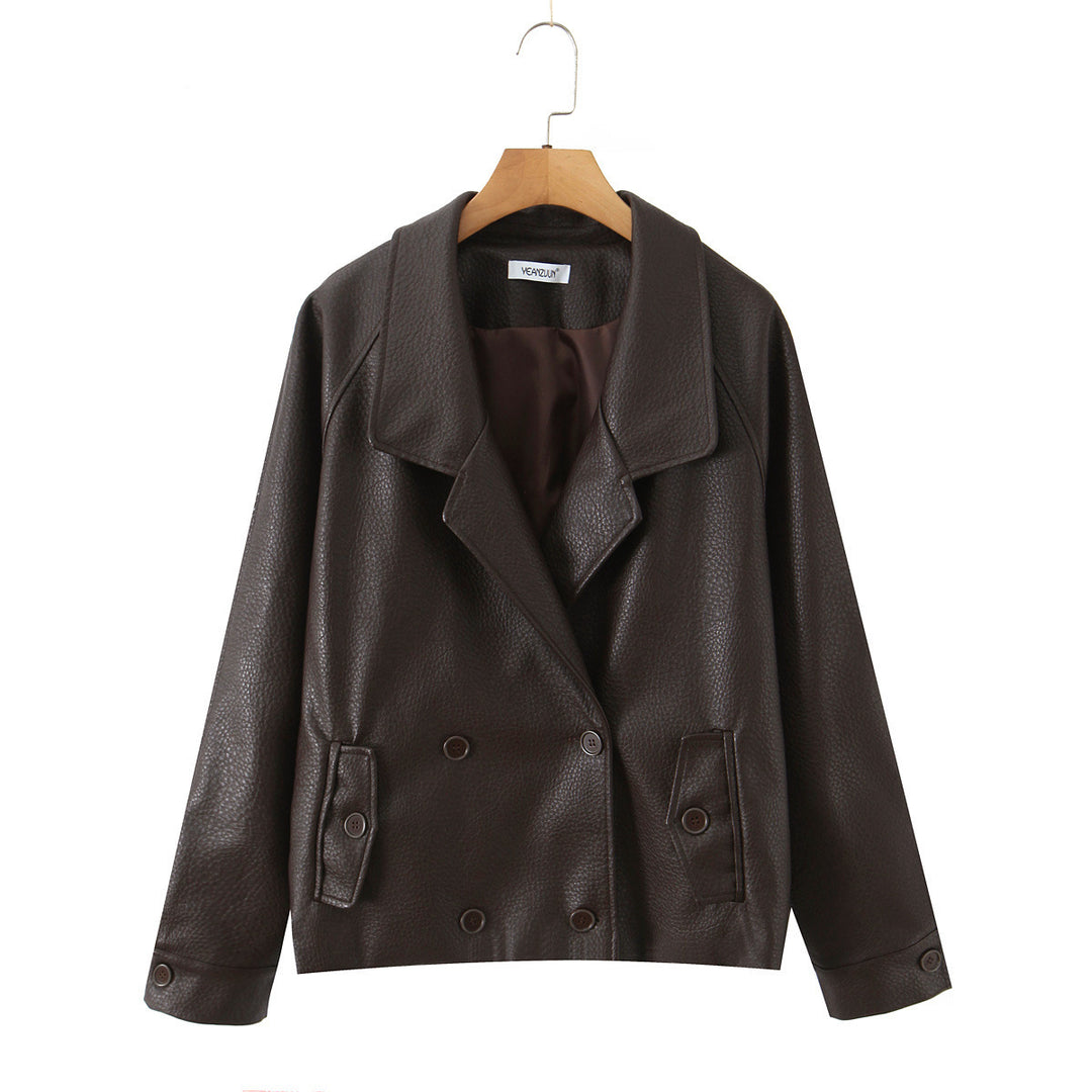 Elegant synthetic leather jacket for women with double-breasted buttons and wide lapels Lune London