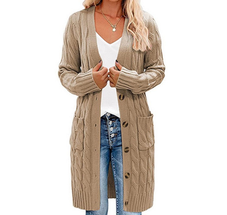 Women Chunky Knit Cardigan with Deep Pockets and Decorative Cable Design Lune London