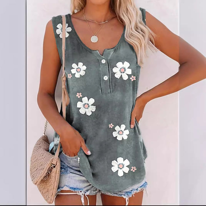 Sleeveless tank top for women with floral accents and button detail Lune London