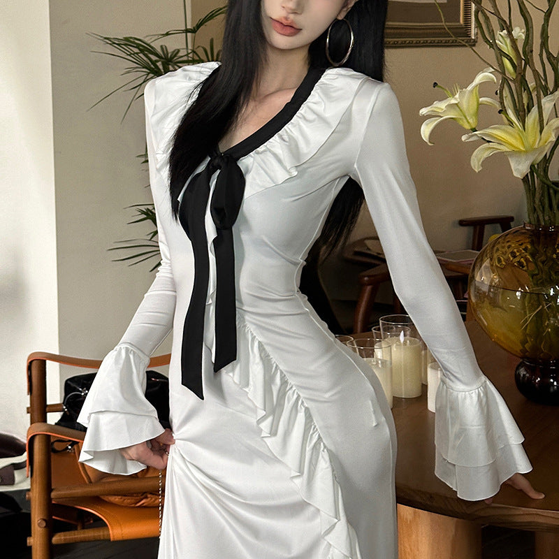 Ladies Elegant Maxi Dress with Ruffle Details and Chic Elegant Tie Ribbon