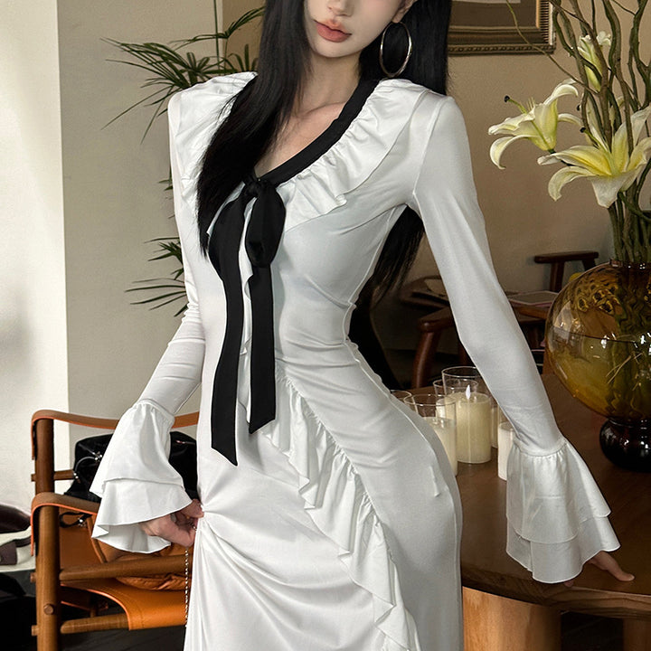 Ladies Elegant Maxi Dress with Ruffle Details and Chic Elegant Tie Ribbon