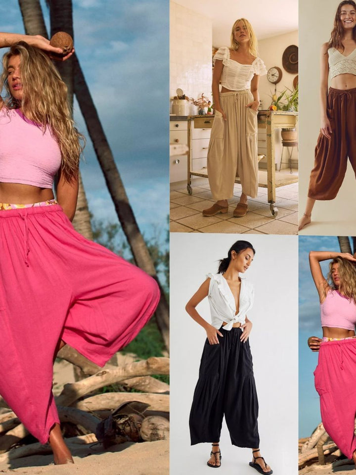 Comfortable wide-leg pants for women with practical side pockets and elastic waistband Lune London