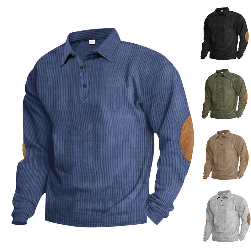 Casual long sleeve Henley T-shirt for men in textured ribbed fabric with contrasting elbow patches Lune London