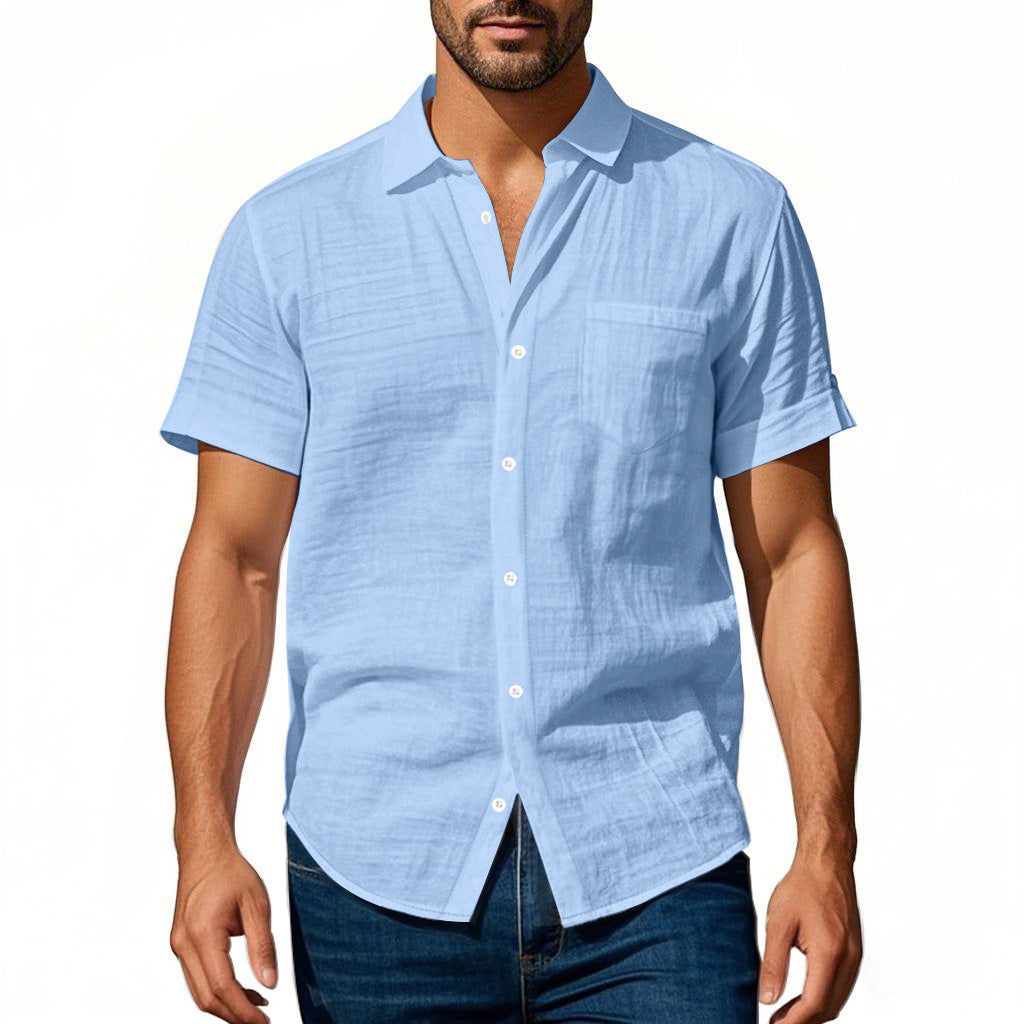 Short sleeve linen shirt for men with structured design and practical chest pocket Lune London