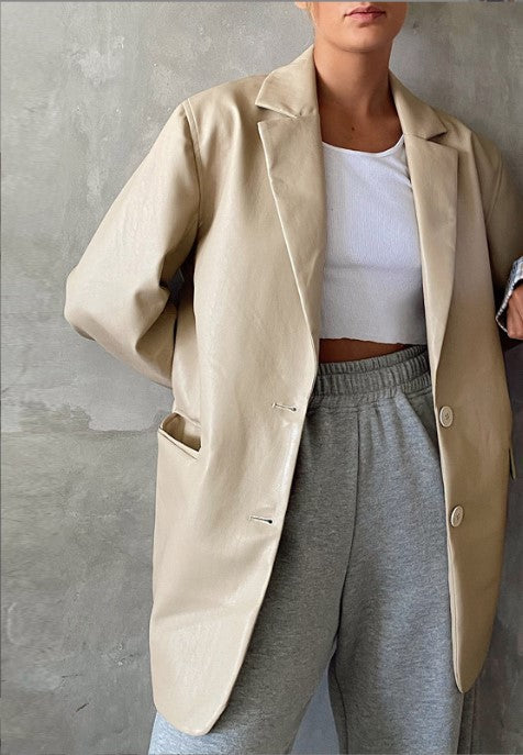Ladies Oversized Blazer in Faux Leather Lune London