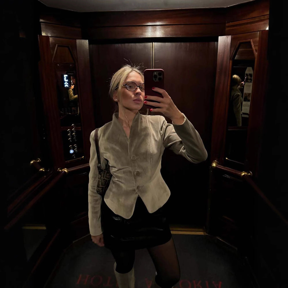 Elegant blazer jacket for women with double button closure and soft sheen effects Lune London