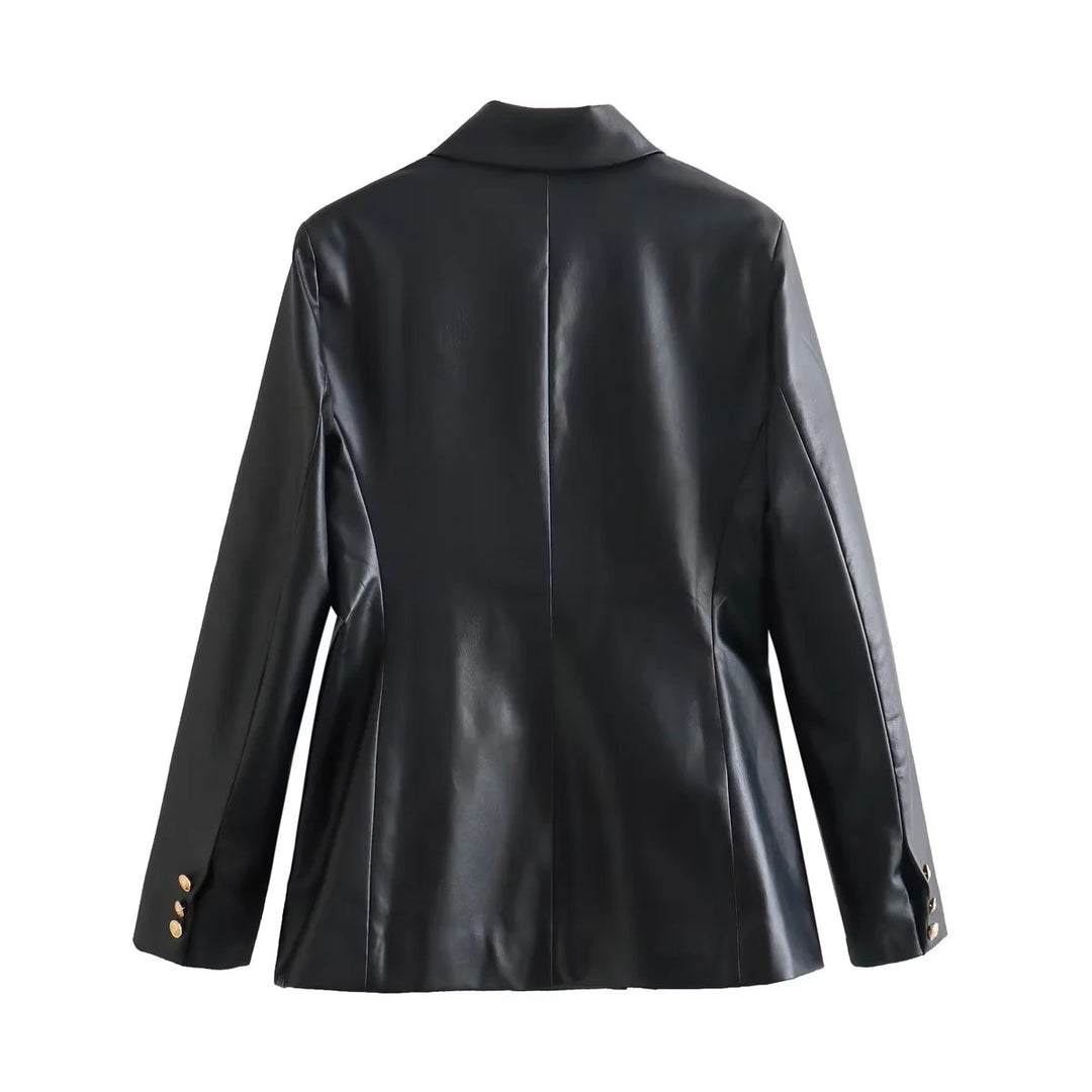Elegant faux leather blazer jacket for women with double-breasted buttons and gold accents Lune London