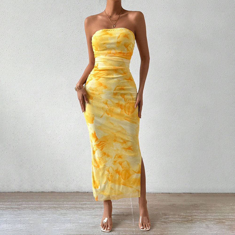 Robe maxi à manches longues pour femmes avec encolure bandeau et fente haute Chic & Stil