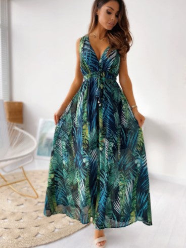 Bohemian maxi dress for women with deep V-neck and tie belt Lune London