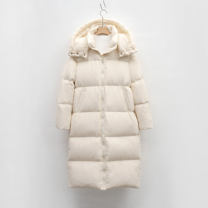Ladies Long and Bulky Down Coat with Removable Hood and Side Pockets Lune London