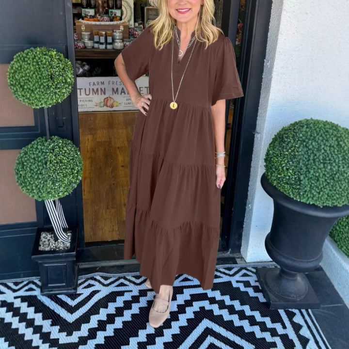 Maxi dress with long sleeves for women with V-neck and ruffle detail Lune London