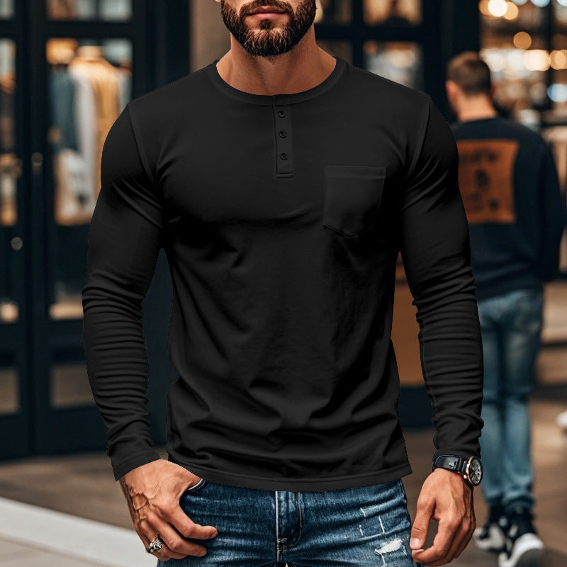 Men's long-sleeve shirt with modern Henley neckline and practical chest pocket Chic and style
