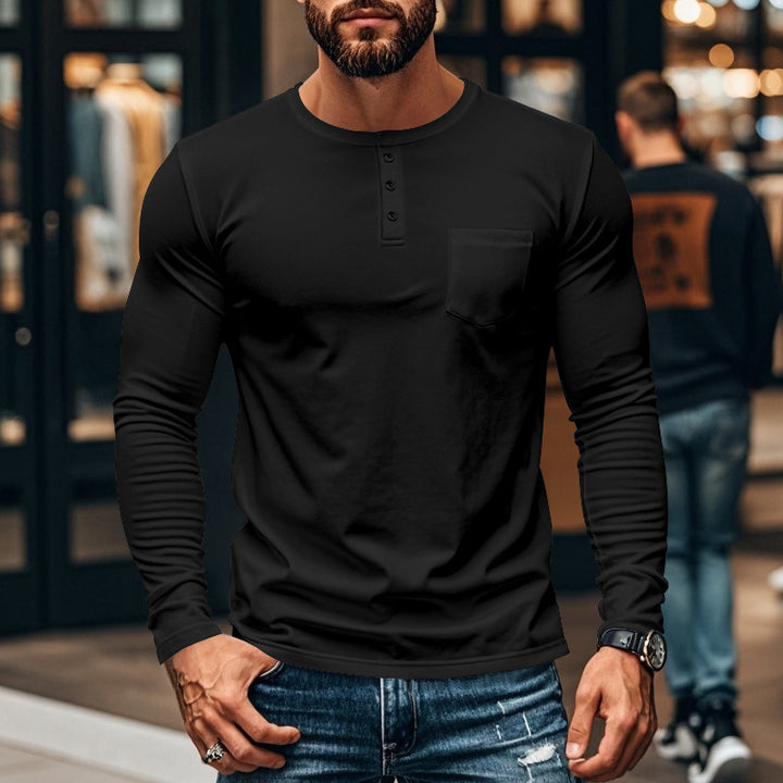 Men's long-sleeve shirt with modern Henley neckline and practical chest pocket Chic and style