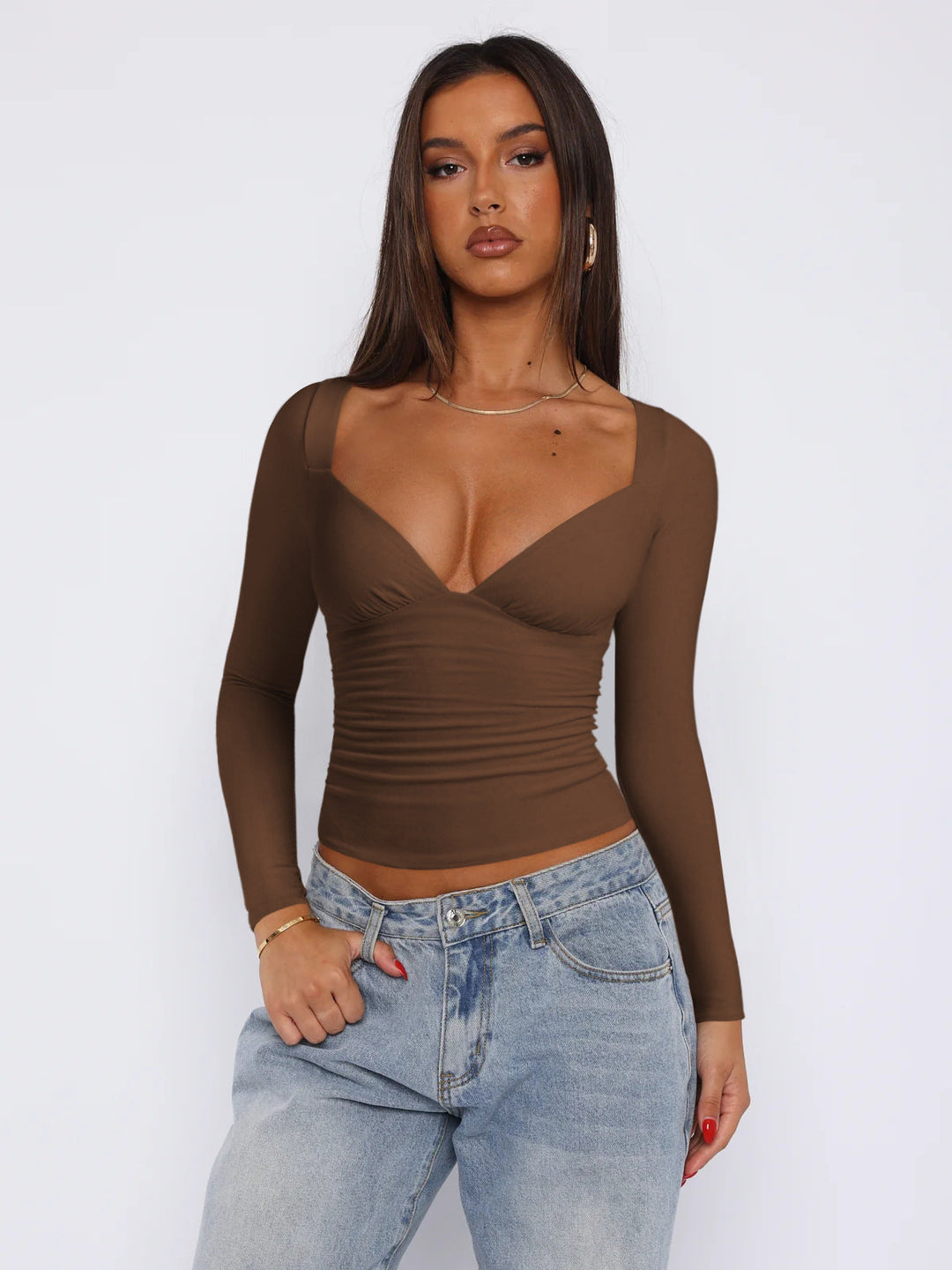 Women's Fitted Long-Sleeve Top with V-Neck and Ruching Lune London