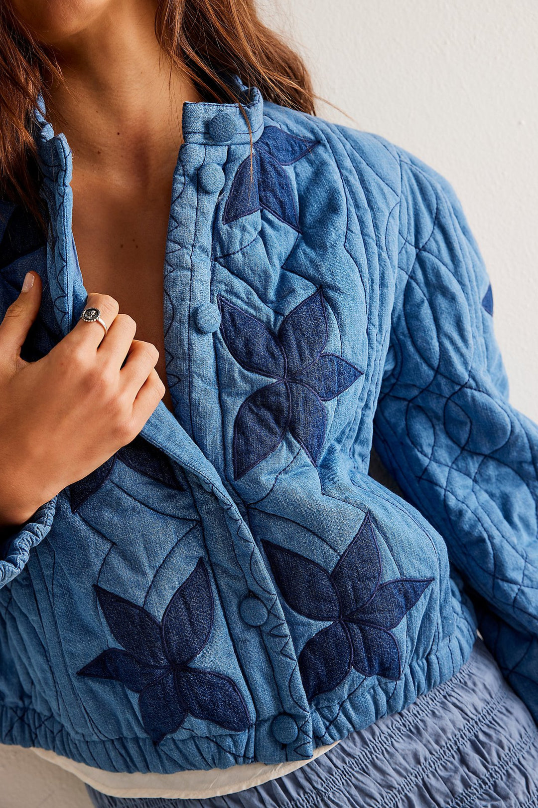 Ladies quilted bomber jacket with floral design Lune London