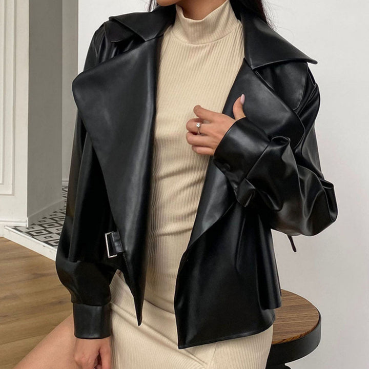 Ladies trendy faux leather jacket with asymmetrical cut and wide collar Lune London