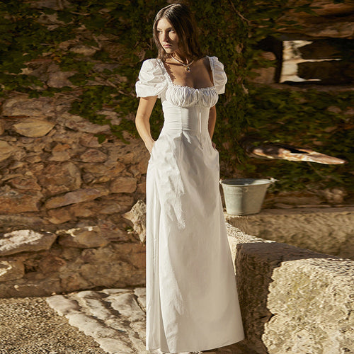 Women's Maxi Dress with Puff Sleeves and Romantic Ruffle Detail Lune London