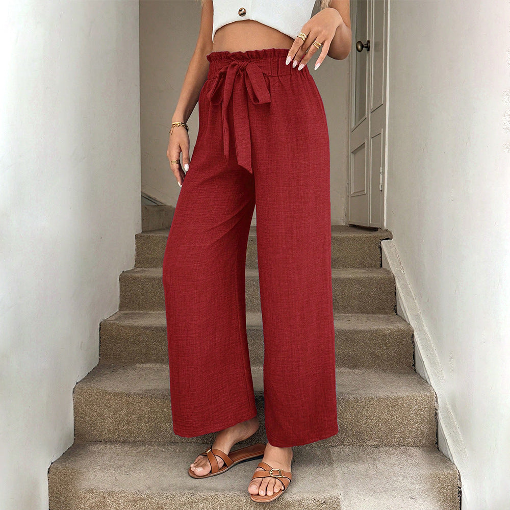 Pantalons en tissu large décontractés pour femmes avec taille élastique et ceinture à nouer Chic & Stil