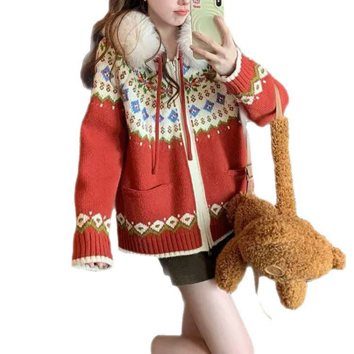 Cardigan pour femmes avec motif norvégien tendance et col en fausse fourrure luxueuse Chic & Stil
