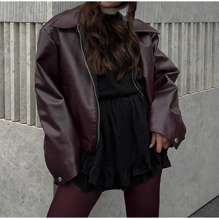 Women Modern Synthetic Leather Jacket with Oversized Fit and Classic Details Lune London
