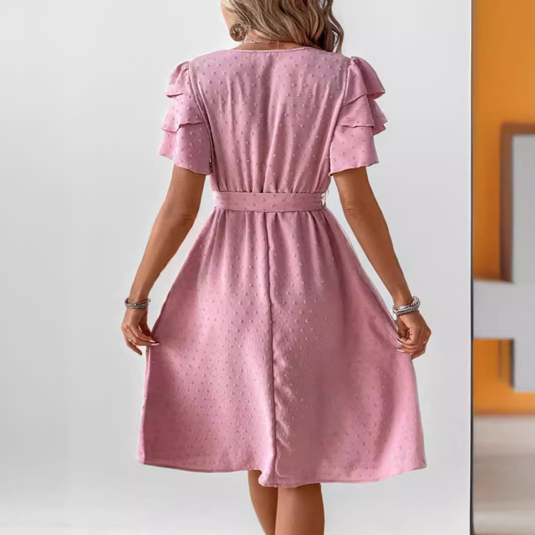 Elegant Woman Dress with Ruffled Sleeves V Neck Lune London