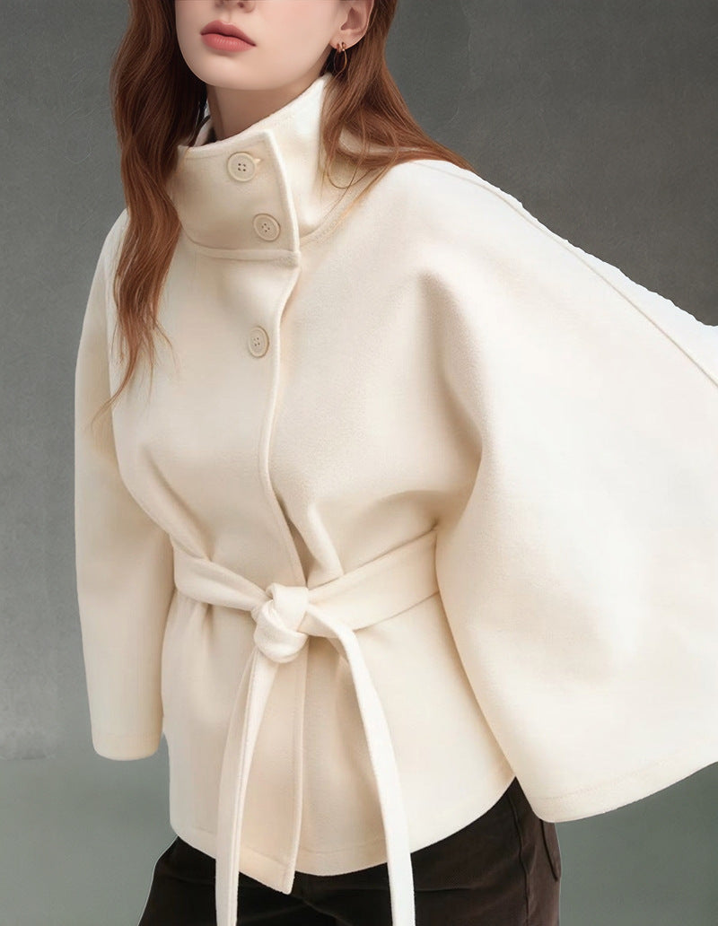Ladies modern Cape-jacket with removable belt and high collar Lune London