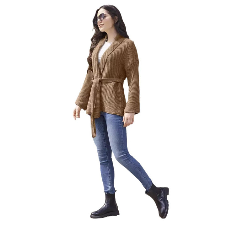 Casual knitted cardigan for women with a waist belt and shoulder seams Lune London