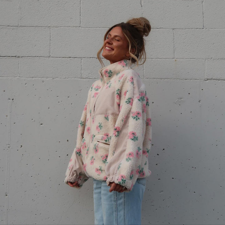 Trendy women's teddy jackets with eye-catching floral appliques Lune London