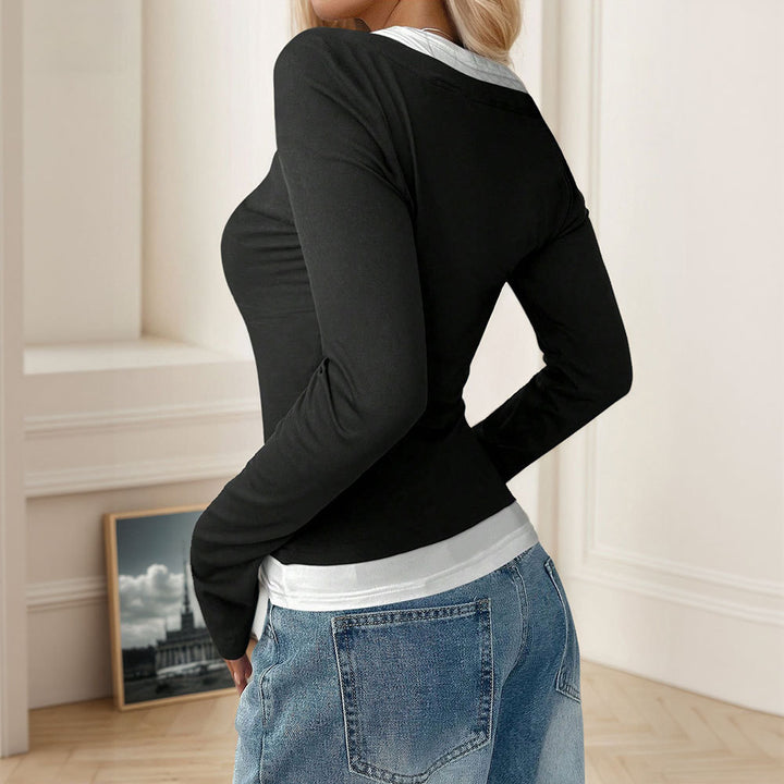 Chemisier à manches longues pour femmes avec un col en V à la mode et une patte de boutonnage Chic & Stil