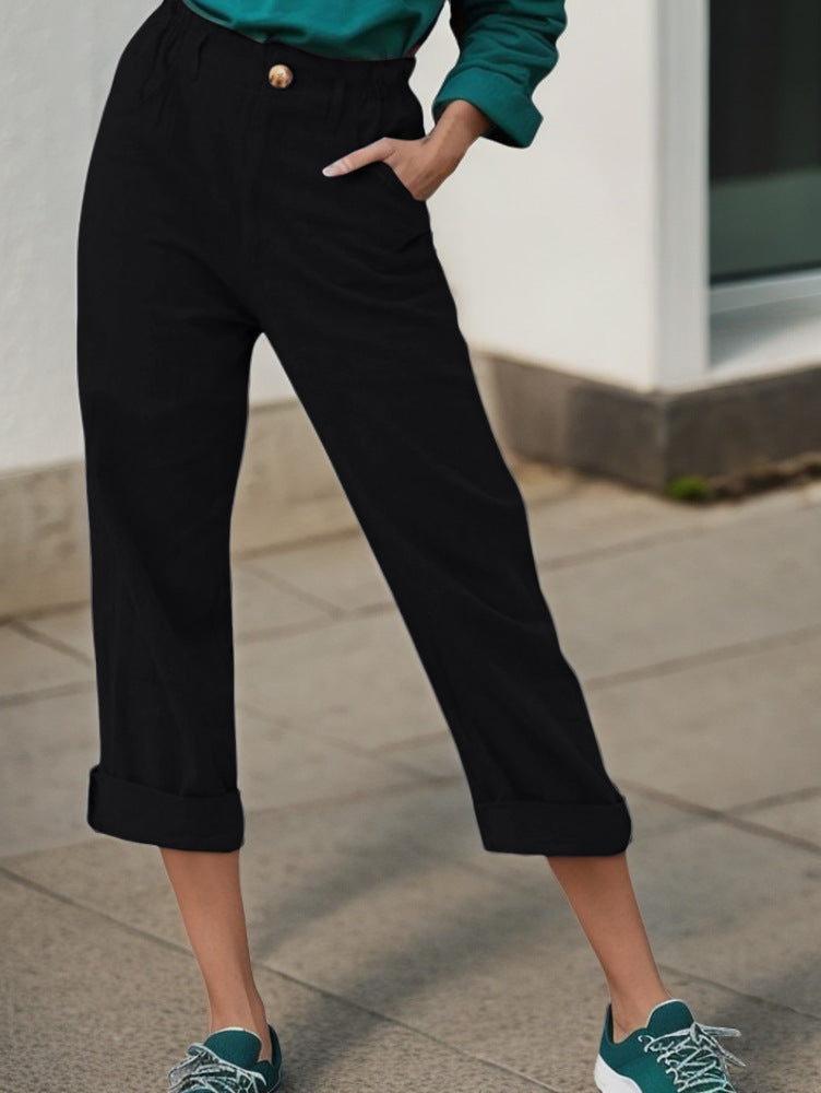 Elegant linen pants for women with wide legs and turned-up hem Lune London
