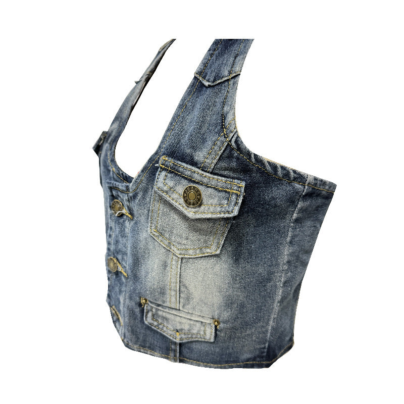 Women's denim crop top with decorative button details and deep V-neckline Lune London