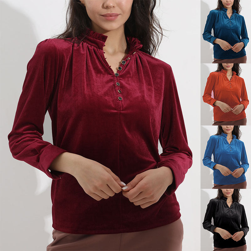 Ladies Elegant velvet top with gathered collar and button details Lune London