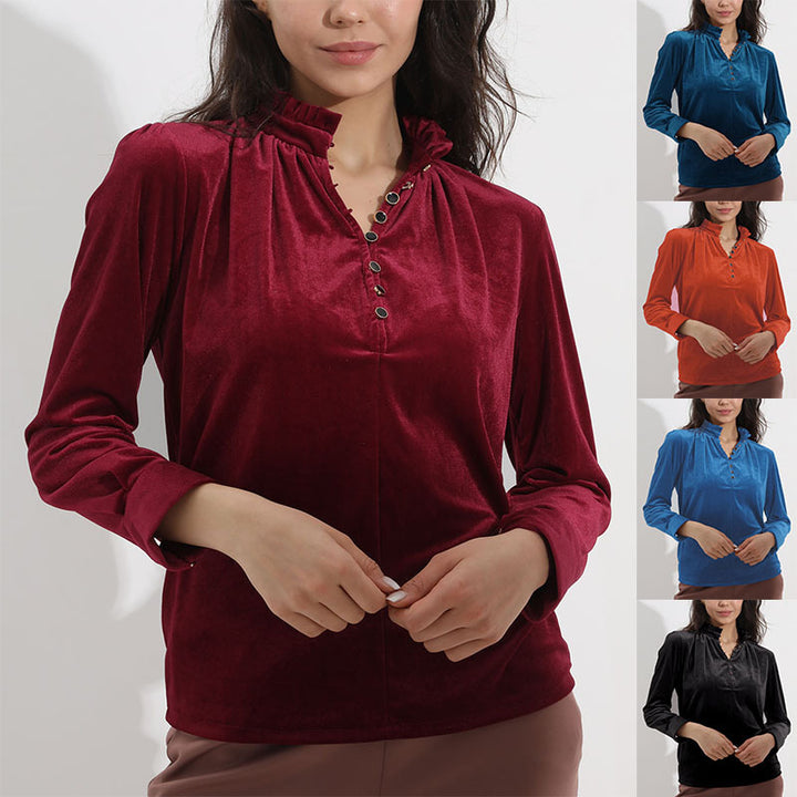 Ladies Elegant velvet top with gathered collar and button details Lune London