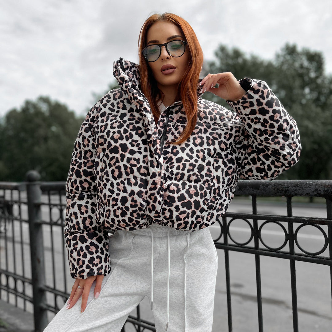 Stylish down hooded jacket for women with trendy leopard print Lune London