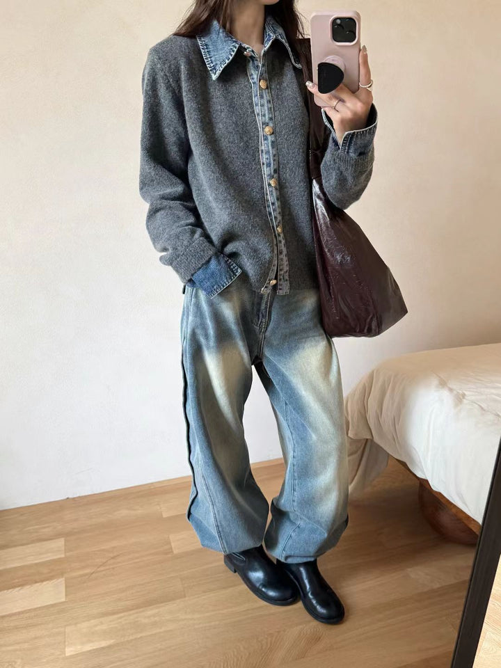 Chemise overshirt décontractée pour femmes avec un col en denim inhabituel et des détails de boutons Chic & Stil