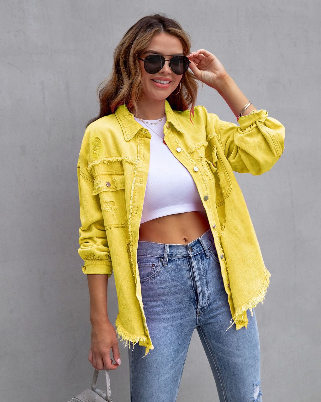 Oversized denim jacket for women with frayed edges and patch pockets Lune London