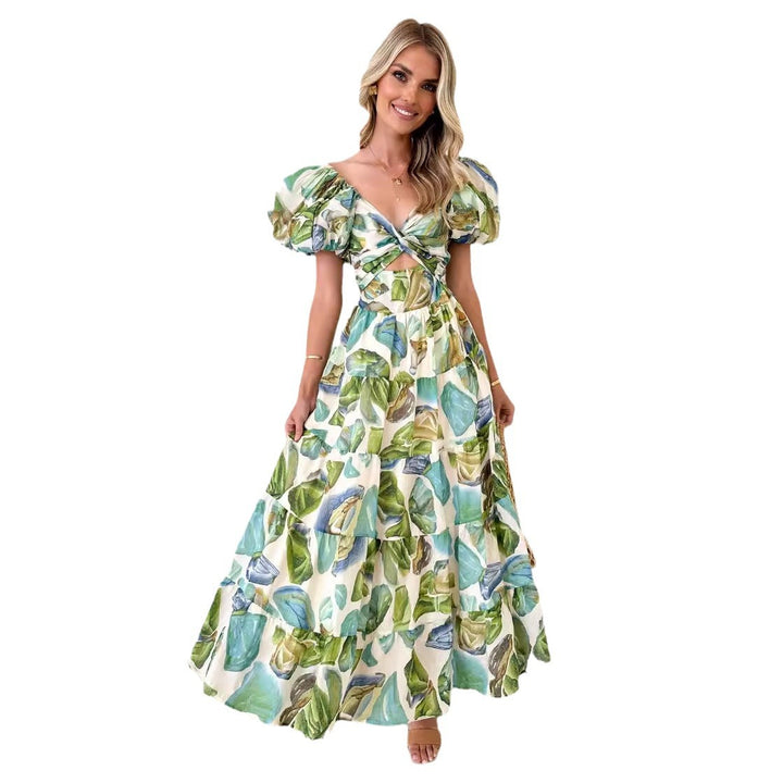 Maxi dress for women with a sophisticated design featuring off-the-shoulder and voluminous puff sleeves Chic & Stil