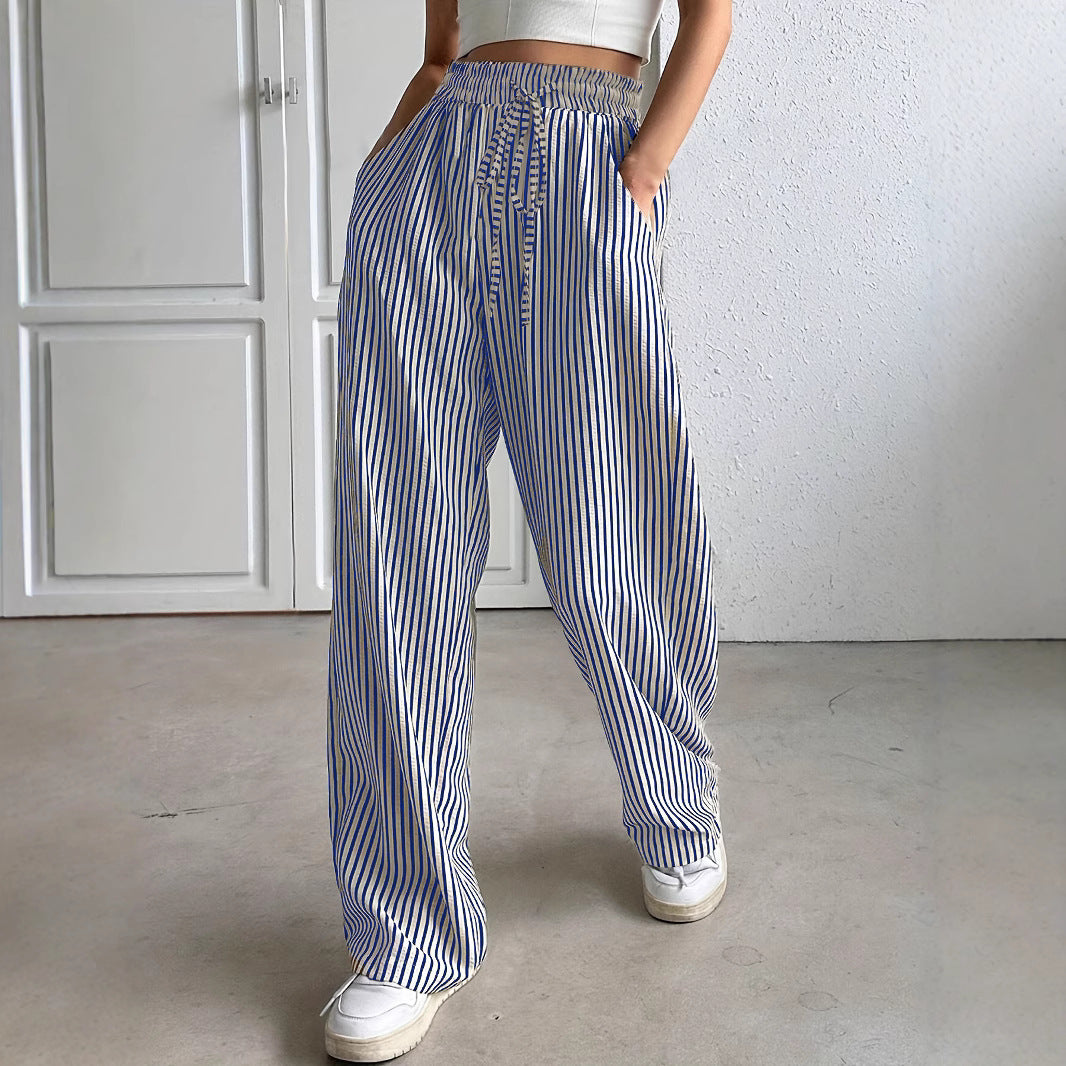 Wide striped pants for ladies with elastic waistband and pockets Lune London
