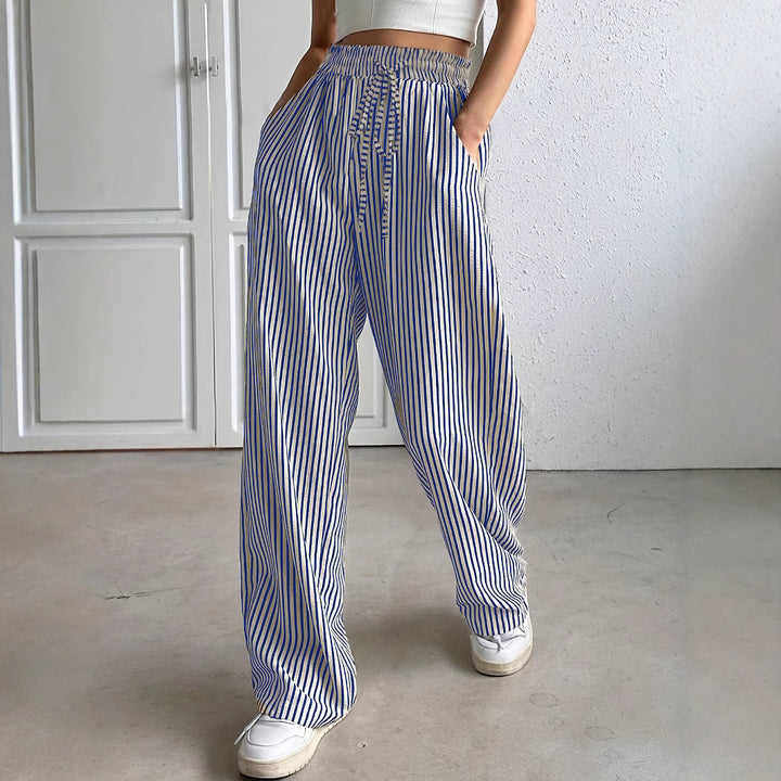 Wide striped pants for ladies with elastic waistband and pockets Lune London