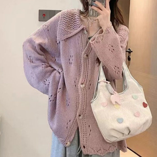 Knit jacket for women with eyelet floral pattern and large collar Lune London