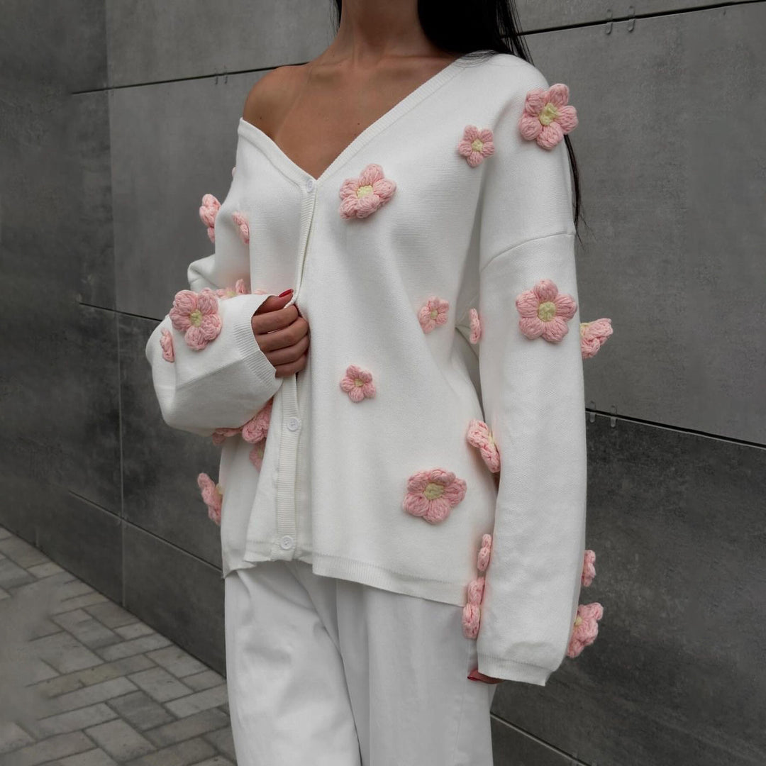 Ladies' knit jacket with 3D floral design and V-neck Lune London