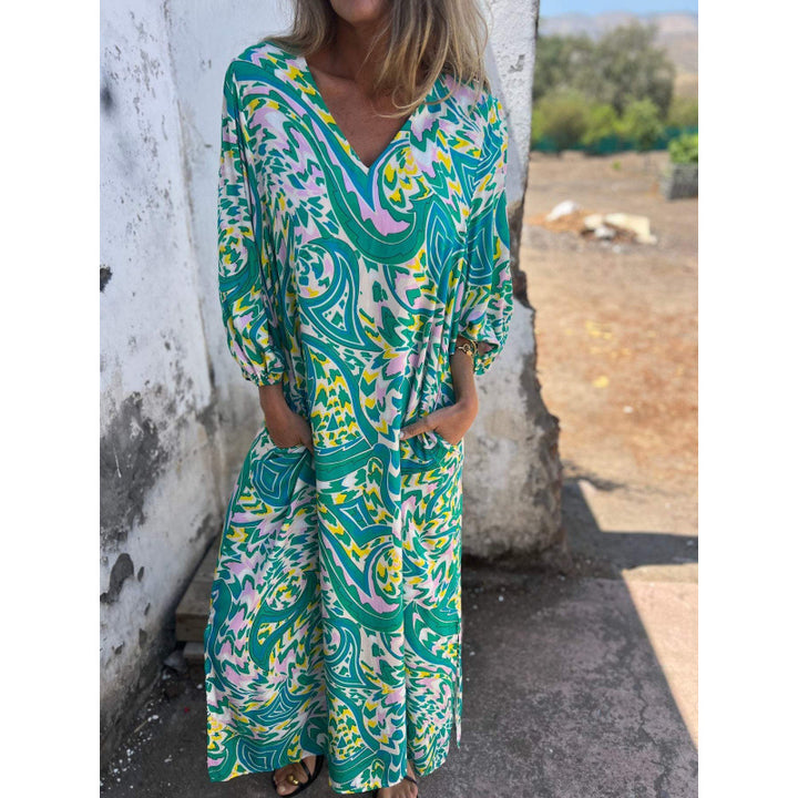 Casual maxi dress for women with V-neck and voluminous sleeves Lune London