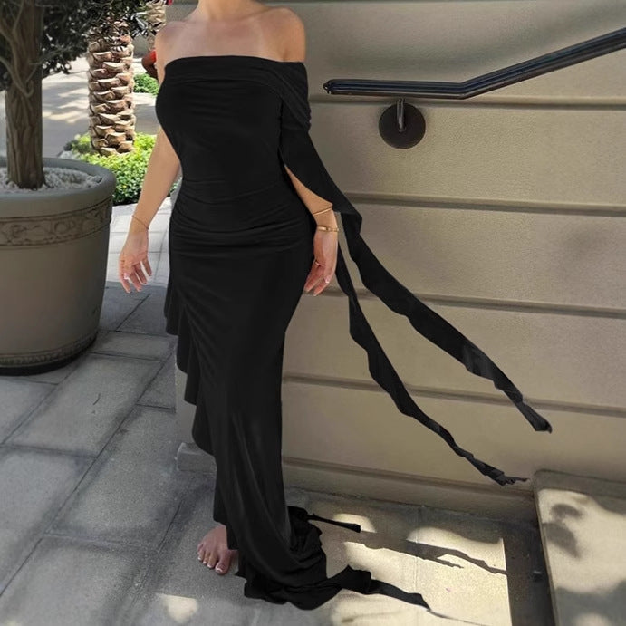 Ladies Elegant Maxi Dress Off-Shoulder with Asymmetrical Hem and Chic Ruffle Details Style