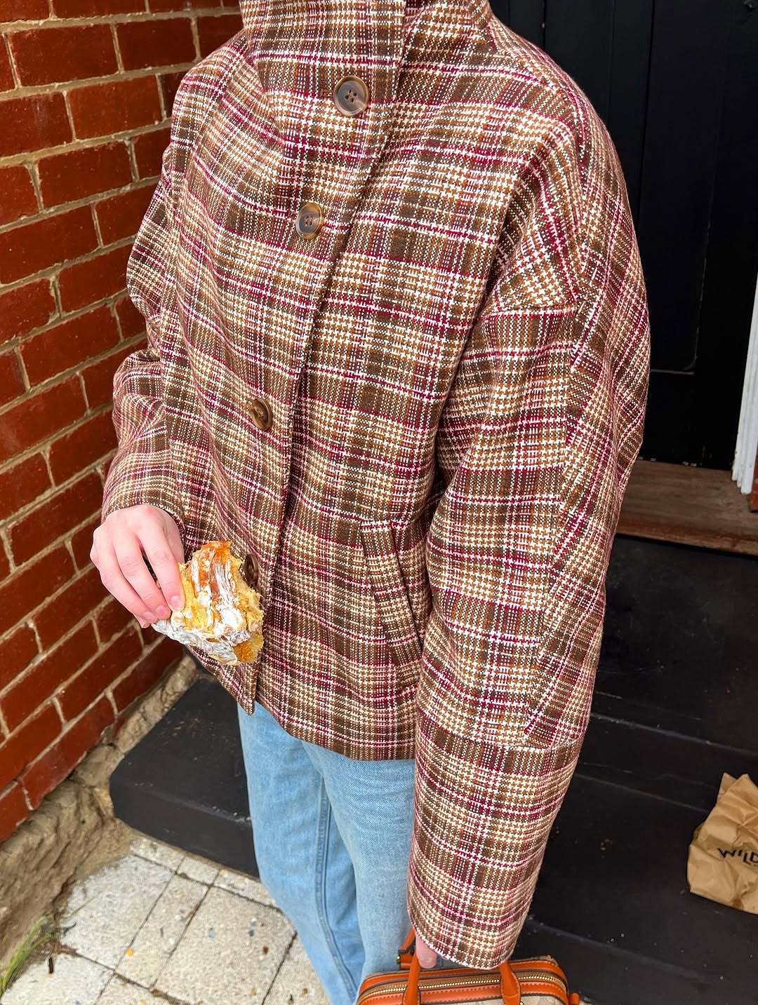 Ladies Oversized Checked Jacket with High Collar and Single Button Placket Lune London