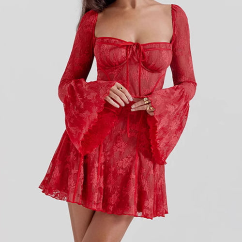 Lace cocktail dress for women with off-shoulder design and ruffle details Lune London