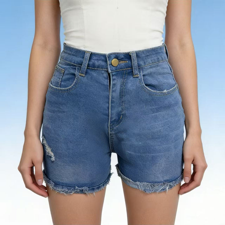 Women's casual high-waist denim shorts with fringe and trendy distressed details Lune London