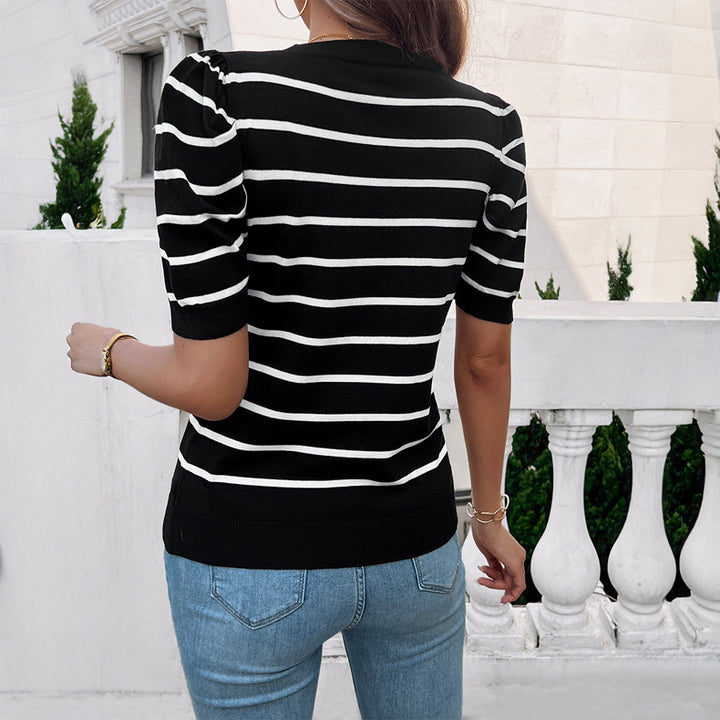 Woman striped top with puff sleeves and knit finish Lune London