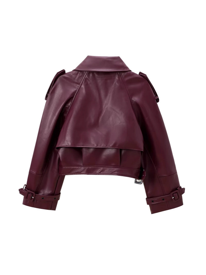 Women's Cropped Leather Motorcycle Jacket with Asymmetric Lapel Lune London