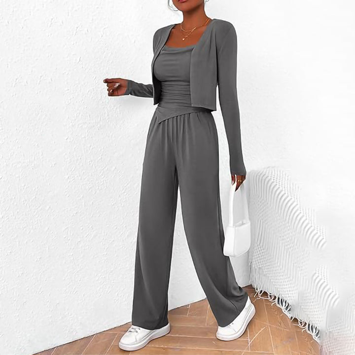 Women Comfortable Jumpsuit with Sleeveless Blouse and Open Cardigan Lune London