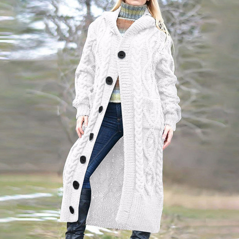 Ladies Long Cardigan with Cable Knit Pattern and Spacious Pockets Lune London